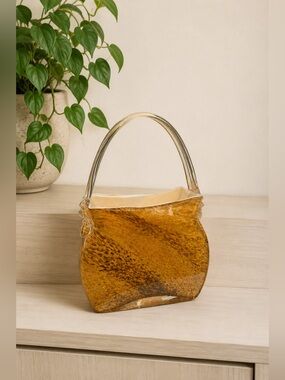 Vintage Murano Style Art‎ Glass Purse Basket Amber Aventurine Handle Crystal